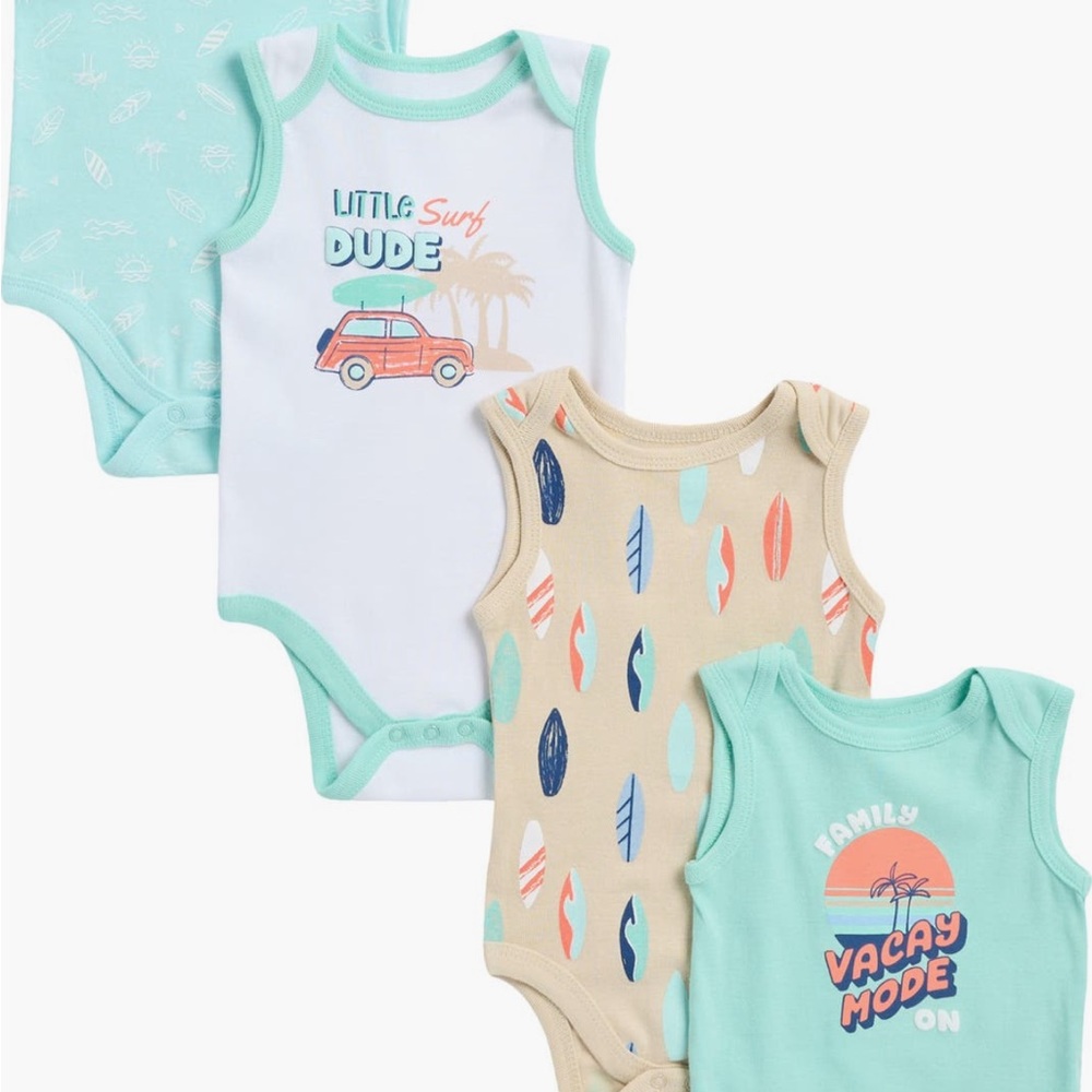 Surf-Themed Kids Bodysuit Set - Mint, Beige, and White